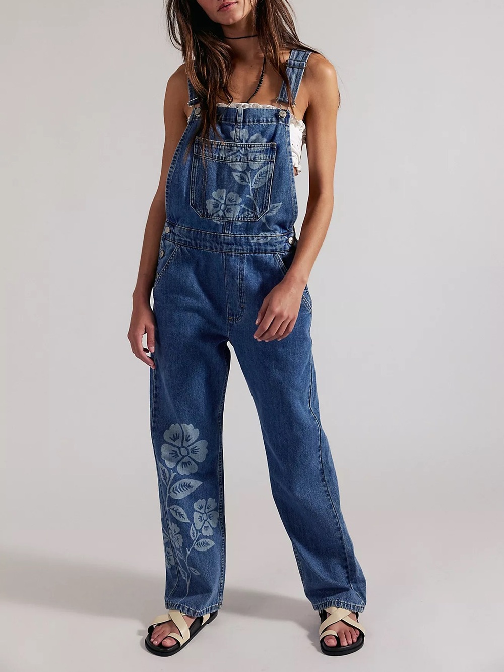 Free People We The Free Ziggy Printed Overalls in Ocean Blue Combo NWT